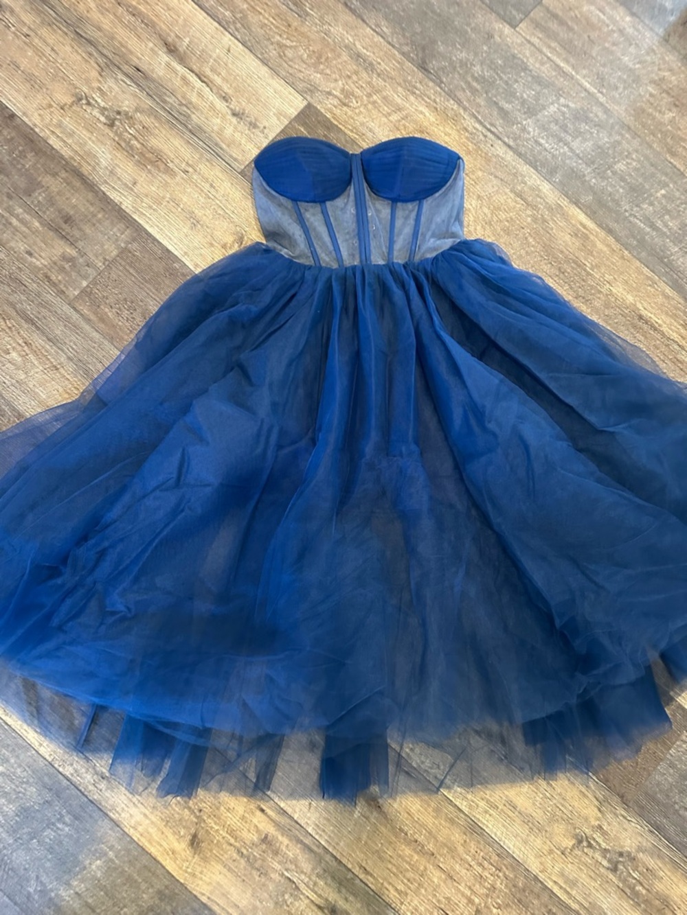 Strapless Navy Tulle Midi Dress with Corset Bodice - Picture 4 of 7
